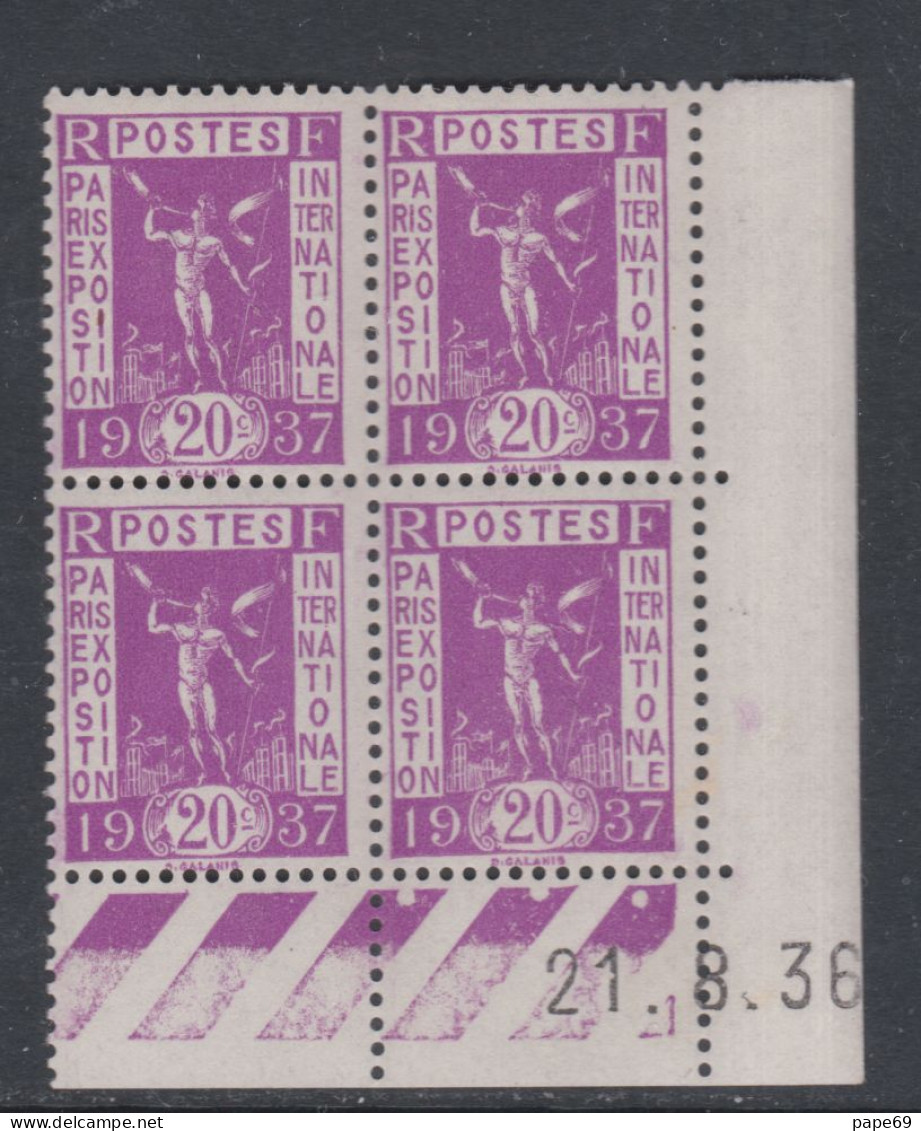 France N° 322 XX Propa. Pour L'expo : 20 C. En Bloc De 4 Coin Daté Du 21 . 8 . 36 ; 3 Points Blancs, Sans Charnière, TB - 1930-1939