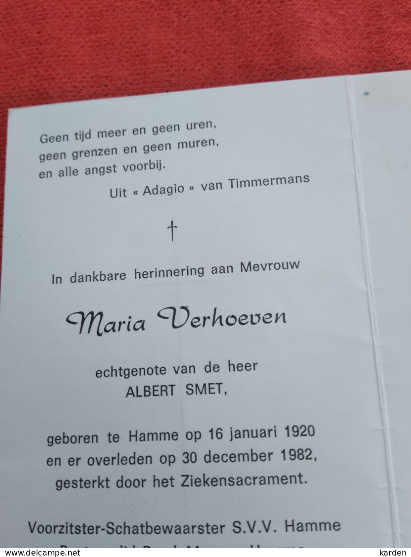 Doodsprentje Maria Verhoeven / Hamme 16/1/1920 - 30/12/1982 ( Albert Smet ) - Religion & Esotérisme