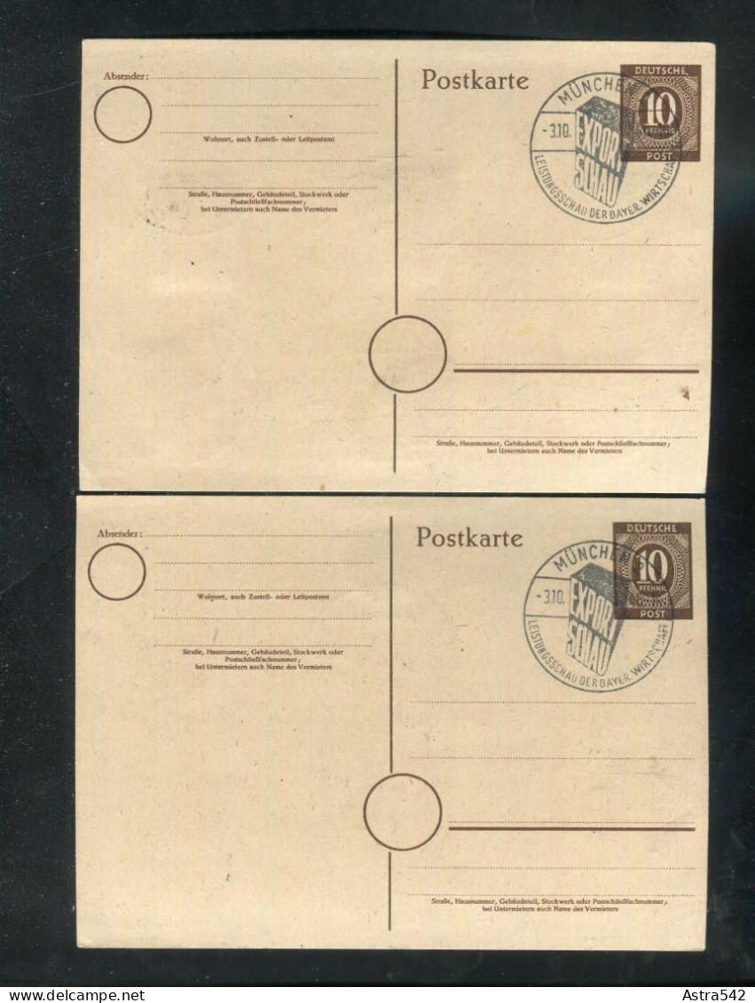 "ALL. BESETZUNG" 1946, Versch. Werte "Kontrollratsausgabe" Auf 2 Postkarten Je Mit SSt. "MUENCHEN, Exportschau" (A1185) - Covers & Documents