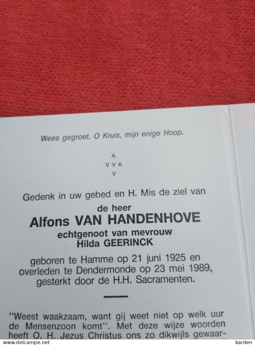 Doodsprentje Alfons Van Handenhove / Hamme 21/6/1925 Dendermonde 23/5/1989 ( Hilda Geerinck ) - Religion & Esotérisme