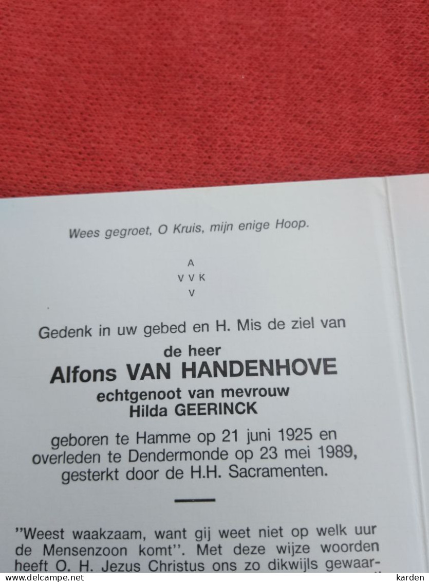 Doodsprentje Alfons Van Handenhove / Hamme 21/6/1925 Dendermonde 23/5/1989 ( Hilda Geerinck ) - Religione & Esoterismo