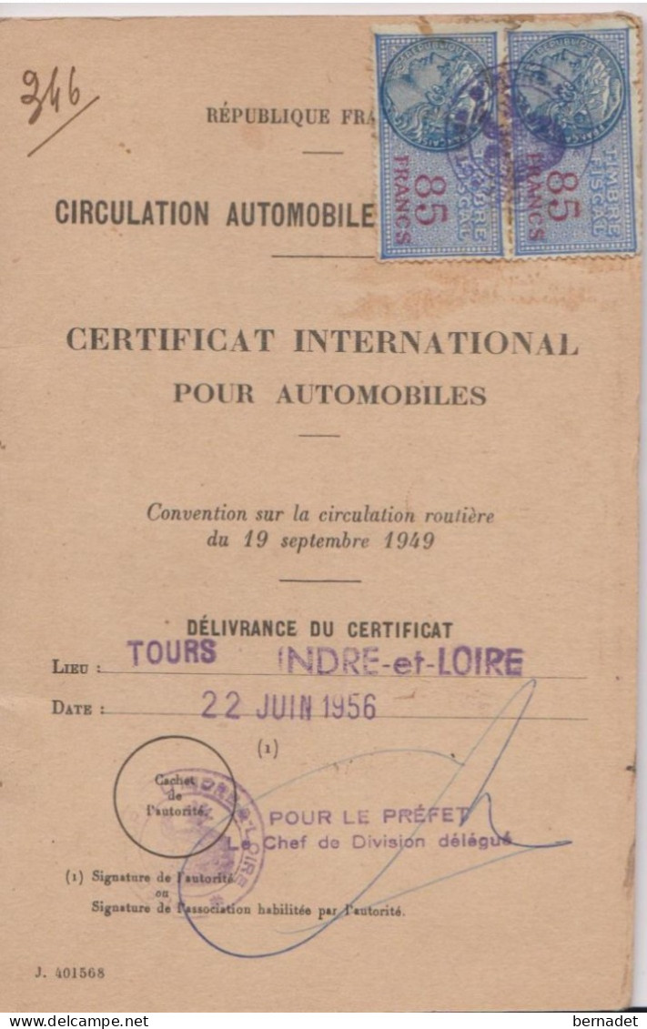 CIRCULATION AUTOMOBILE INTERNATIONALE - CERTIFICAT INTERNATIONAL POUR AUTOMOBILES -22 JUIN 1956 . CITROEN 11 B - Other & Unclassified