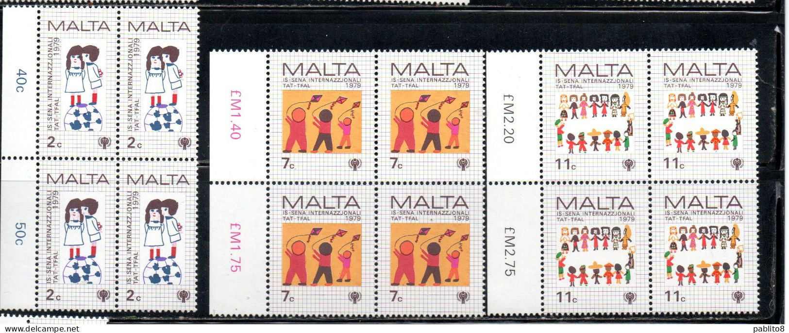 MALTA 1979 INTERNATIONAL CHILD YEAR GIORNATA INTERNAZIONALE DEL FANCIULLO COMPLETE SET SERIE COMPLETA BLOCK QUARTINA MNH - Malta
