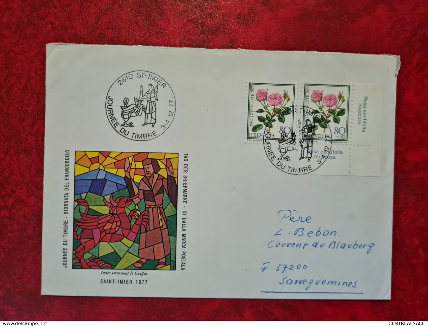 LETTRE   SUISSE  1977 SAINT IMIER JOURNEE DU TIMBRE PLUS VIGNETTE UM DEN FRIEDEN DER WELT 20 JAHRE ROSENKRANZ FATIMA - Autres & Non Classés