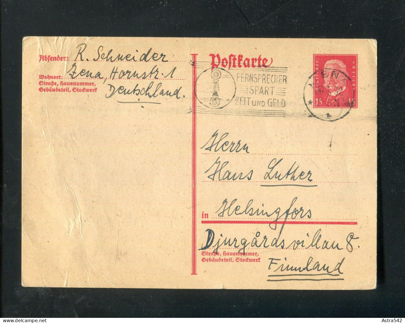 "DEUTSCHES REICH" 1932, Postkarte Mi. P 182 Stempel "JENA, Fernsprecher Spart Zeit Und Geld" Nach Finnland (A1187) - Carnets & Se-tenant