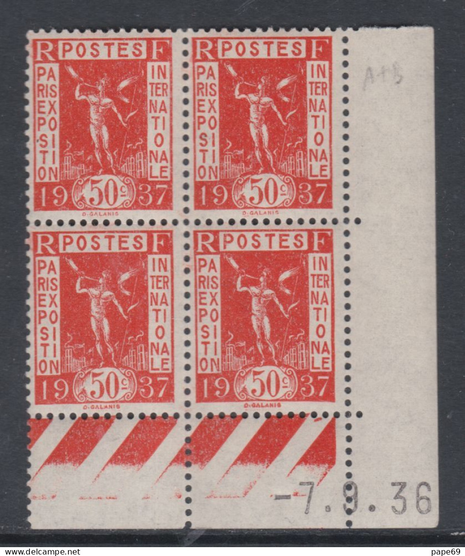 France N° 325 XX Propa. Pour L'expo : 50 C. En Bloc De 4 Coin Daté Du 7 . 9 . 36 ; Sans Point Blanc, Sans Charnière, TB - 1930-1939