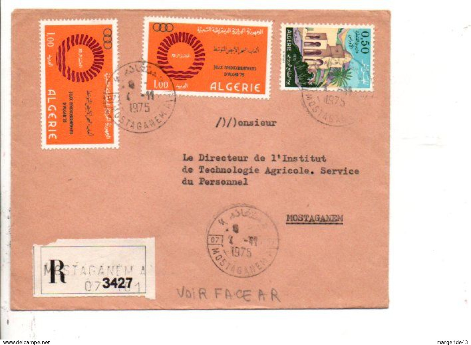 ALGERIE  AFFRANCHISSEMENT COMPOSE SUR LETTRE RECOMMANDEE DE MOSTAGANEM 1975 - Storia Postale