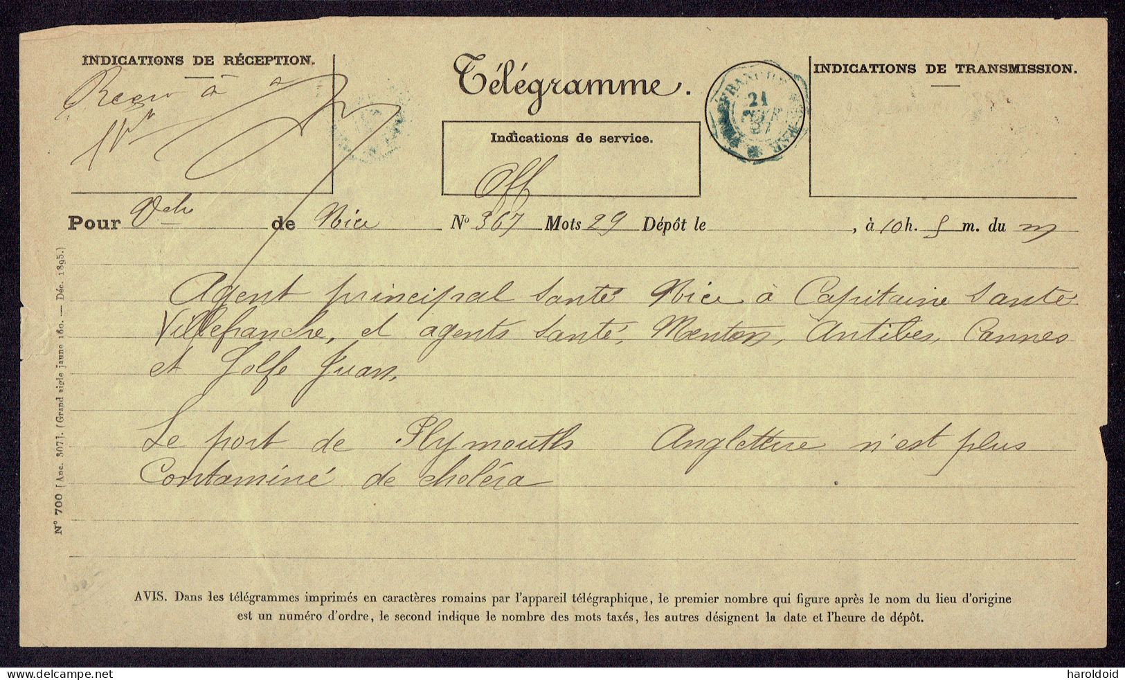 TELEGRAMME SANITAIRE - 21/2/1897 - VILLEFRANCHE SUR MER - PLUS DE CHOLERA A PLYMOUTH - Télégraphes Et Téléphones