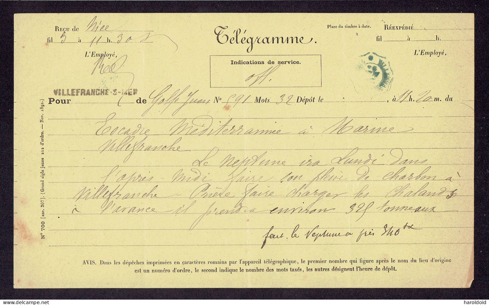 LOT 3 TELEGRAMMES SANITAIRES - VILLEFRANCHE SUR MER - 1890 - Telegraphie Und Telefon