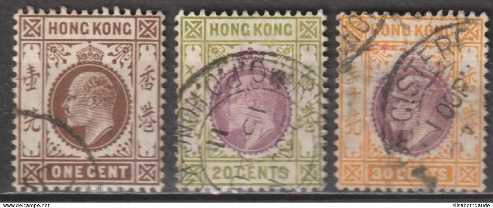 1911 - HONG KONG (CHINA) - FILIGRANE CA MULTIPLE  - YVERT N°95/97 OBLITERES - COTE = 82 EUR - Usati