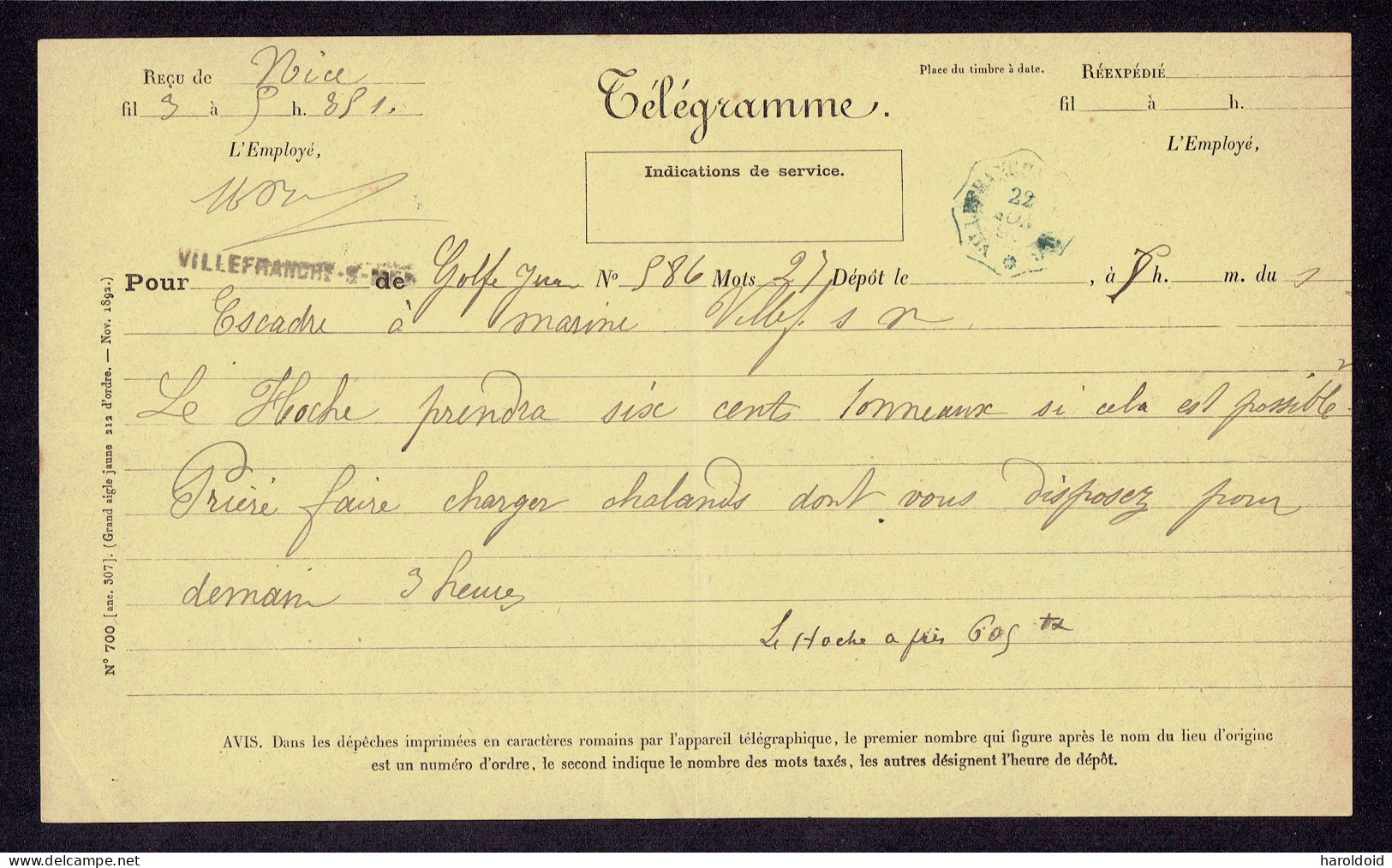 LOT 3 TELEGRAMMES SANITAIRES - VILLEFRANCHE SUR MER - 1890 - Telegramas Y Teléfonos