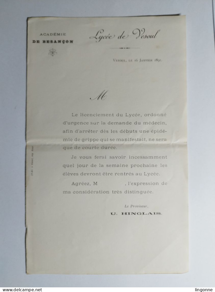 1891 Lycée De VESOUL (Haute-Saône 70) ACADEMIE De BESANCON Licenciement Du Lycée D'urgence épidémie (élève RAPENNE) - Diplome Und Schulzeugnisse