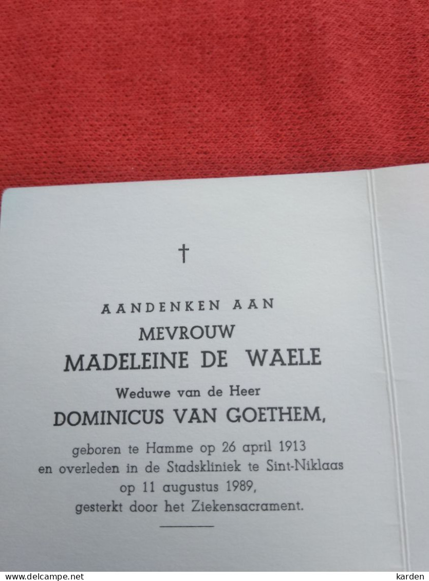 Doodsprentje Madeleine De Waele / Hamme 26/4/1913 Sint Niklaas 11/8/1989 ( Dominicus Van Goethem ) - Religión & Esoterismo