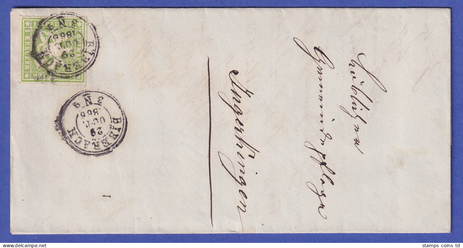 Württemberg 1 Kreuzer Mi.-Nr. 30 Auf Brief Von BIBERACH Nach INGERKINGEN 1866 - Covers & Documents