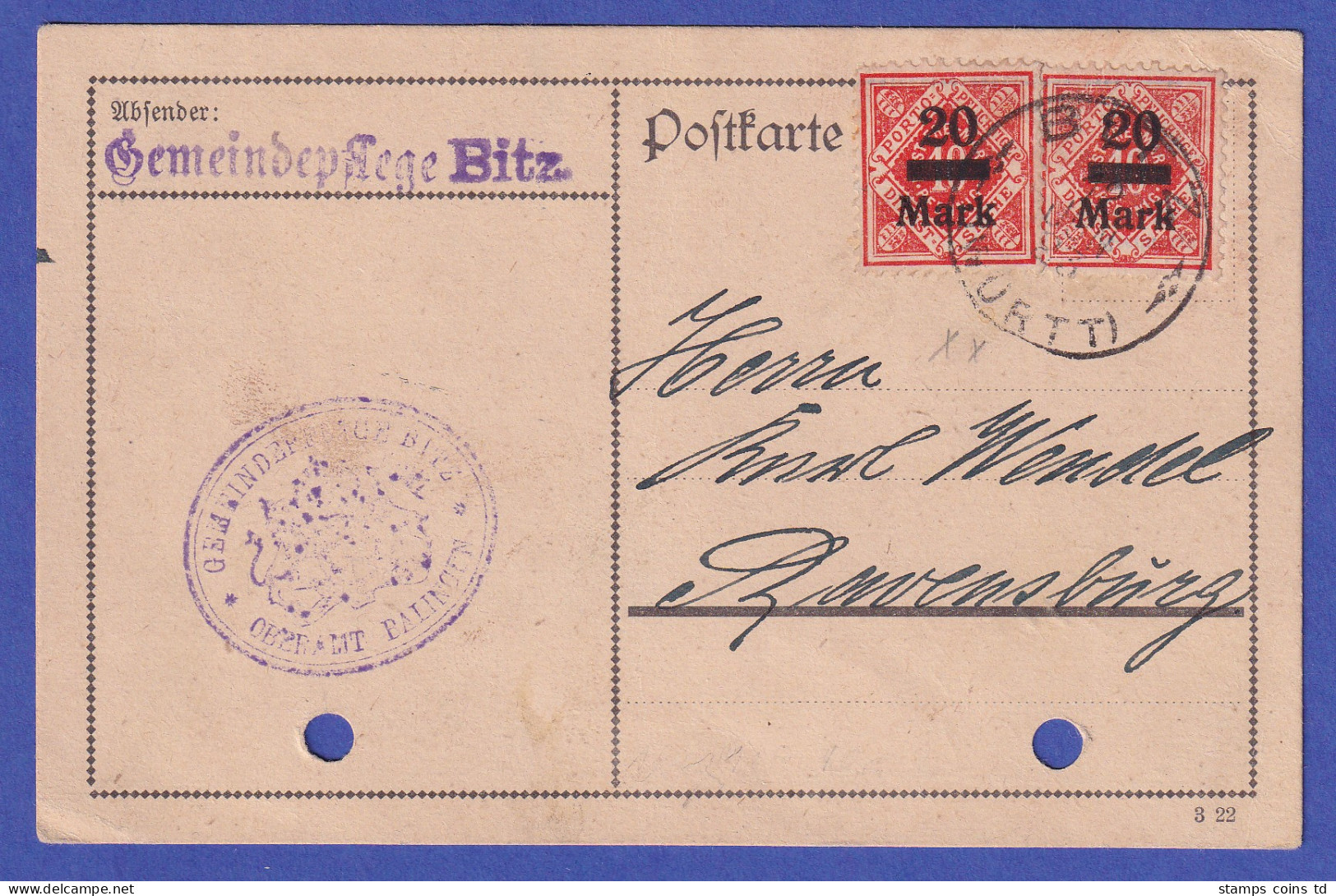 Württemberg Infla Mi-Nr 162 2-fach Als MEF Auf Karte Von BRITZ N. Ravensburg - Storia Postale
