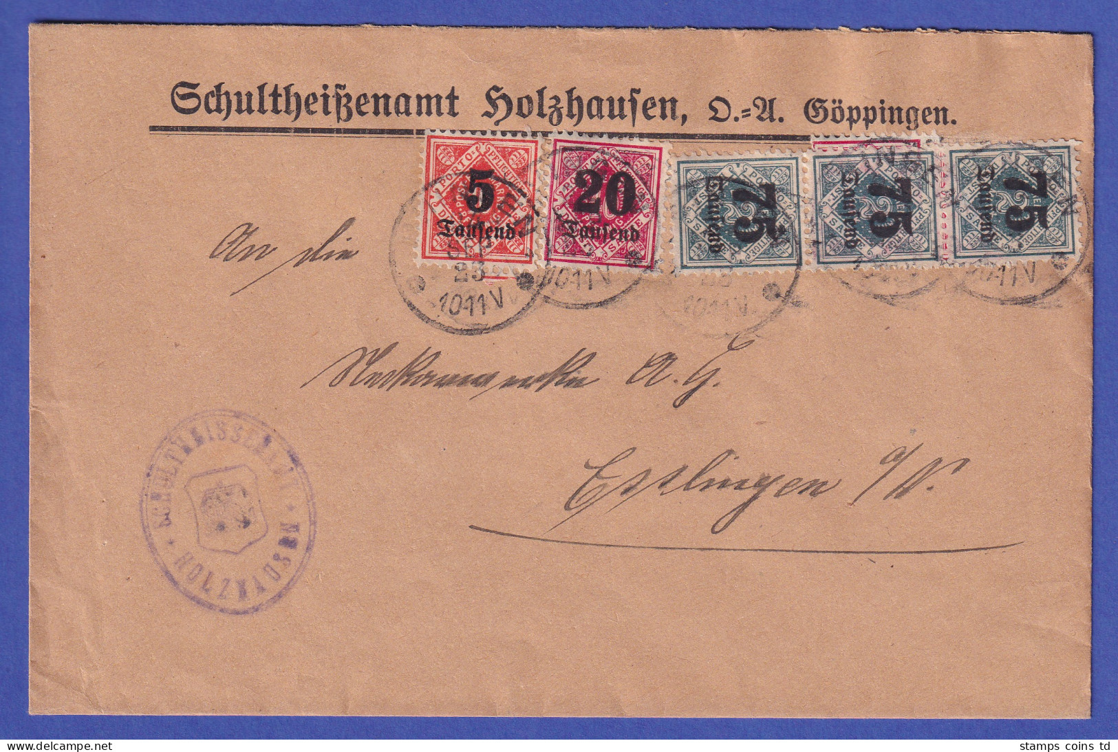 Württemberg Infla Mi-Nr. 173,174 Und 176 Auf Brief Von HOLZHAUSEN N. Esslingen - Storia Postale