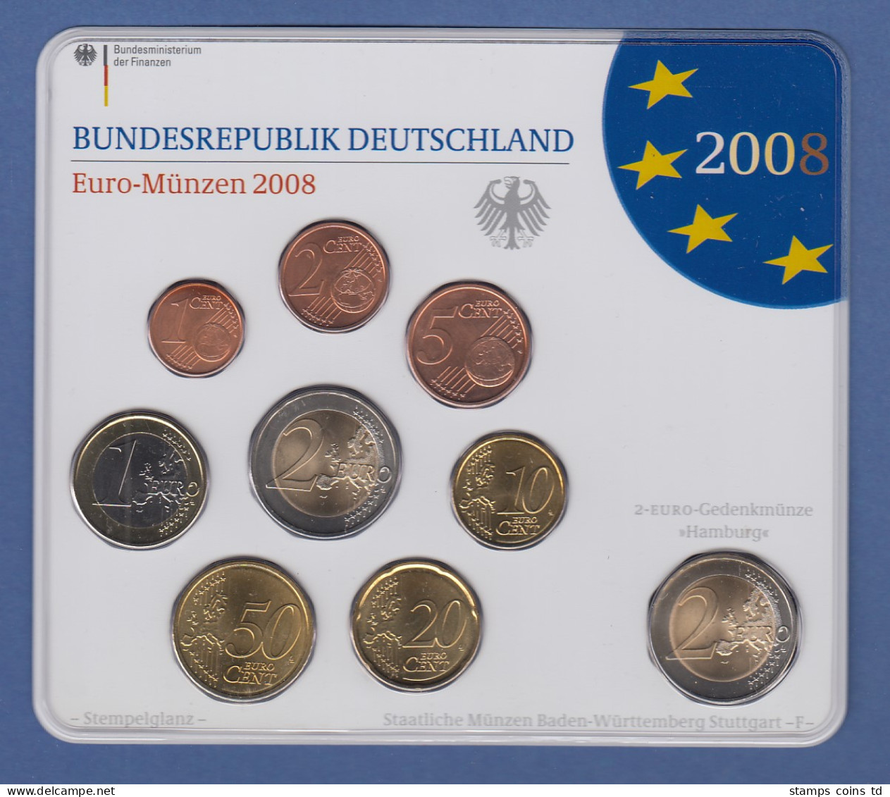 Bundesrepublik EURO-Kursmünzensatz 2008 F Normalausführung Stempelglanz - Mint Sets & Proof Sets