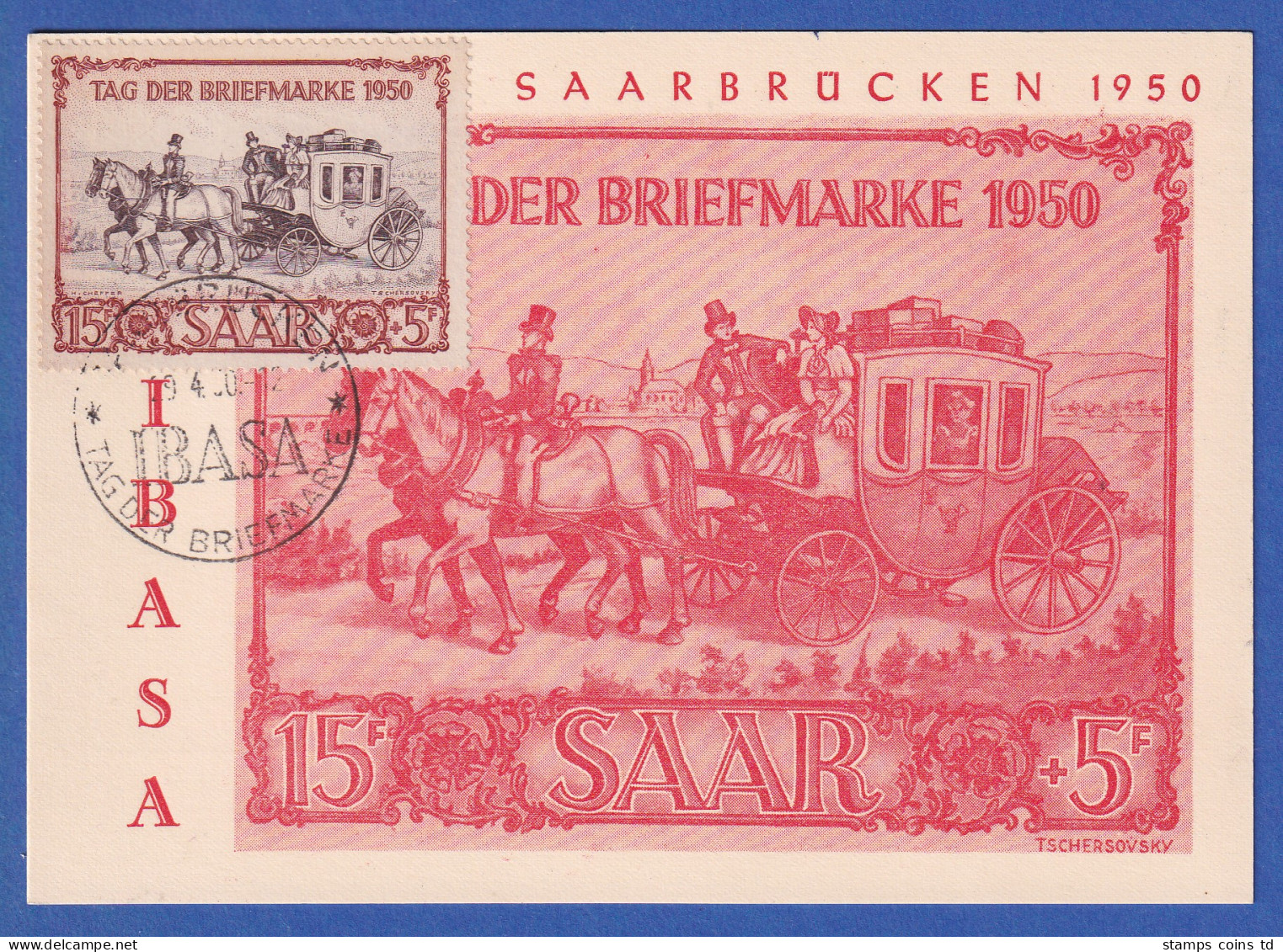 Saarland 1950 Postkutsche IBASA Tag Der Briefmarke Mi.Nr. 291 Auf Maximumkarte - Briefe U. Dokumente