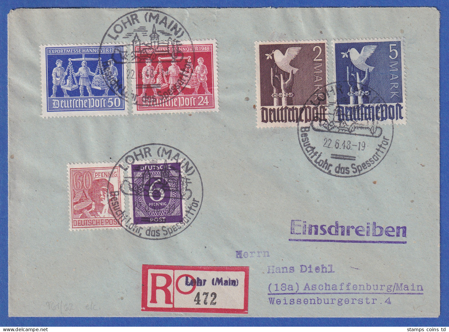 Währungsreform 1948 R-Brief Aus LOHR Mit U.a. 5 Mark Taube Mi.-Nr. 962 - Covers & Documents