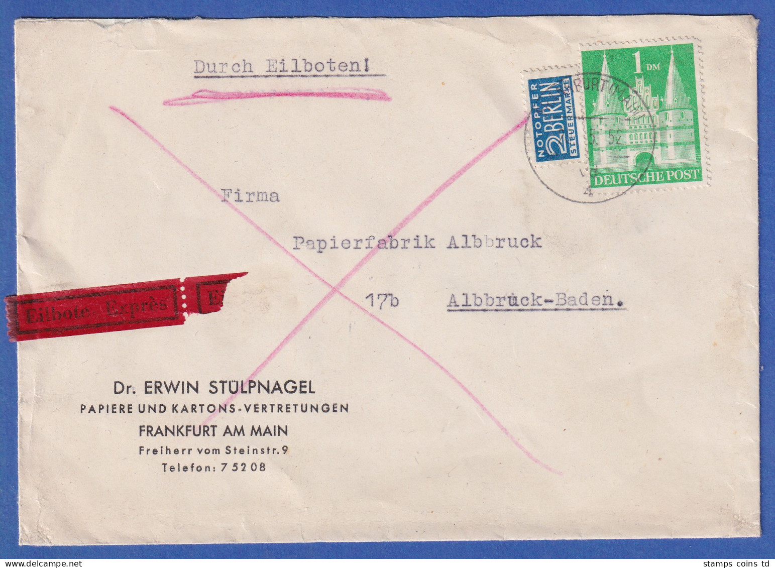 Bizone Bauten 1Mark Eng Gez. Mi.-Nr. 97 Eg Als EF Auf Eilbrief Aus Frankfurt - Storia Postale