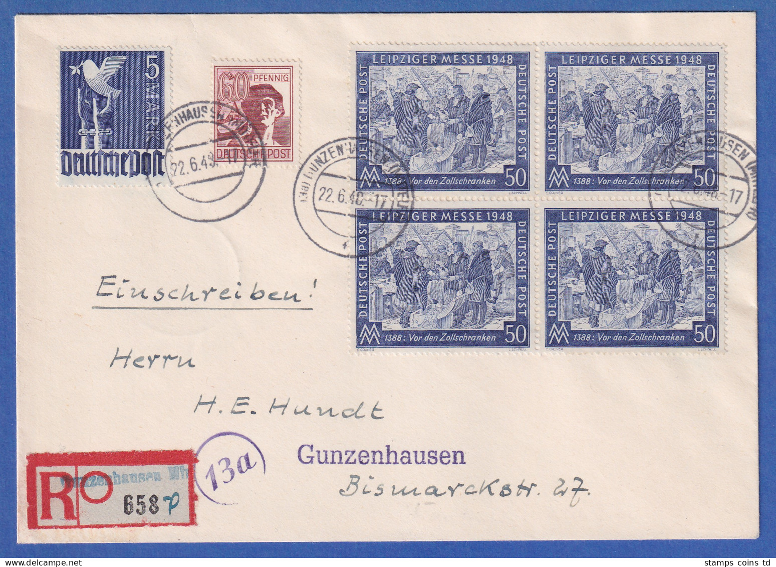 Währungsreform 1948 Orts-R-Brief Aus GUNZENHAUSEN Mit U.a 5 Mark Mi.-Nr. 962 - Lettres & Documents