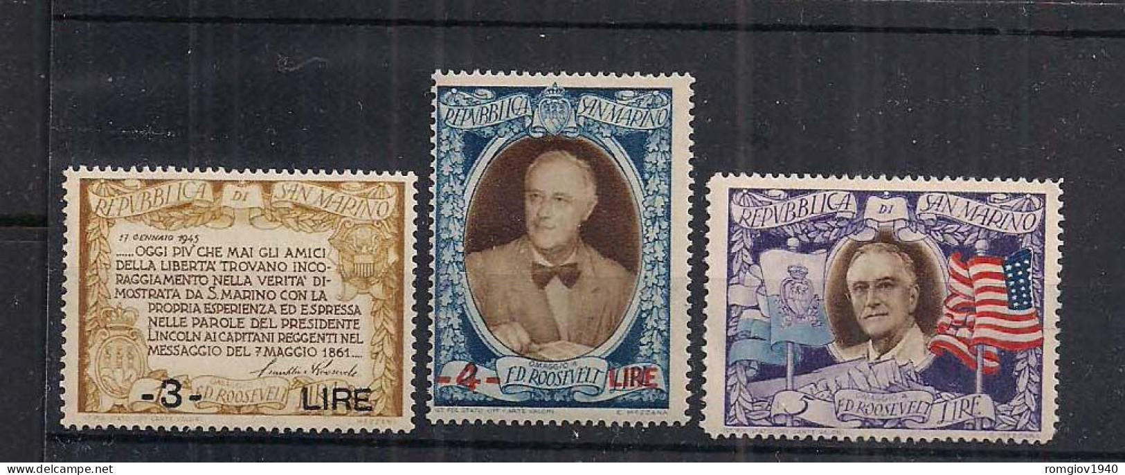 SAN MARINO  1947 OMAGGIO AL PRESIDENTE DEGLI STATI UNITI  SASS. 307-309 MLH VF - Unused Stamps