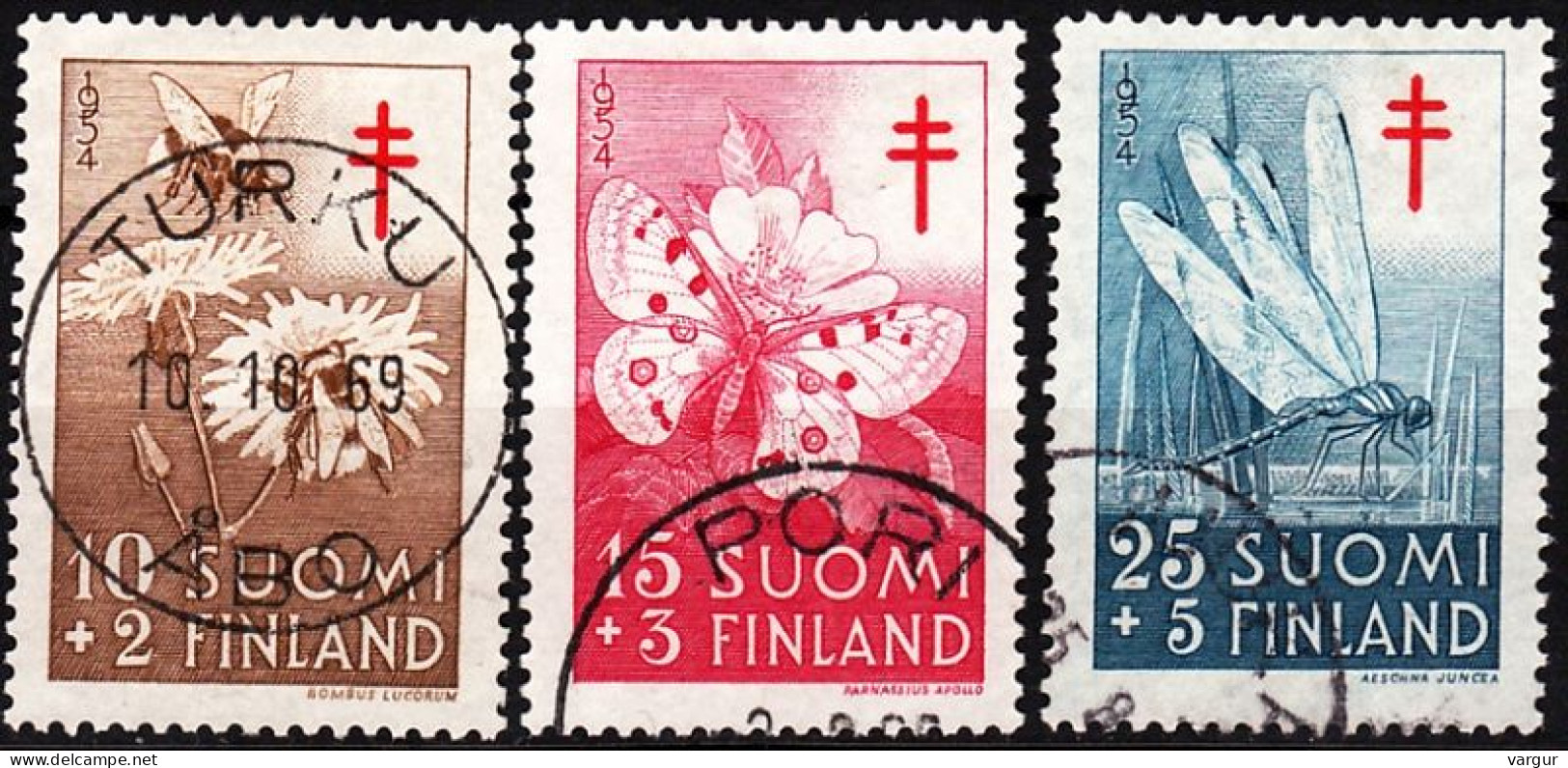 FINLAND 1954 FAUNA: Insects And Flowers. Against Tuberculosis. Complete, Used - Mariposas