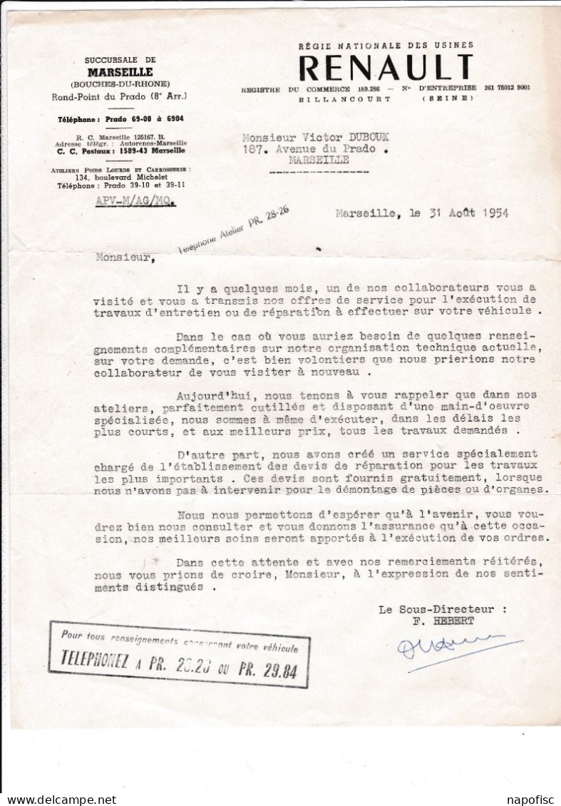 13-Régie Nationale Des Usines Renault....Marseille...(Bouches-du-Rhône)...1954 - Automobile
