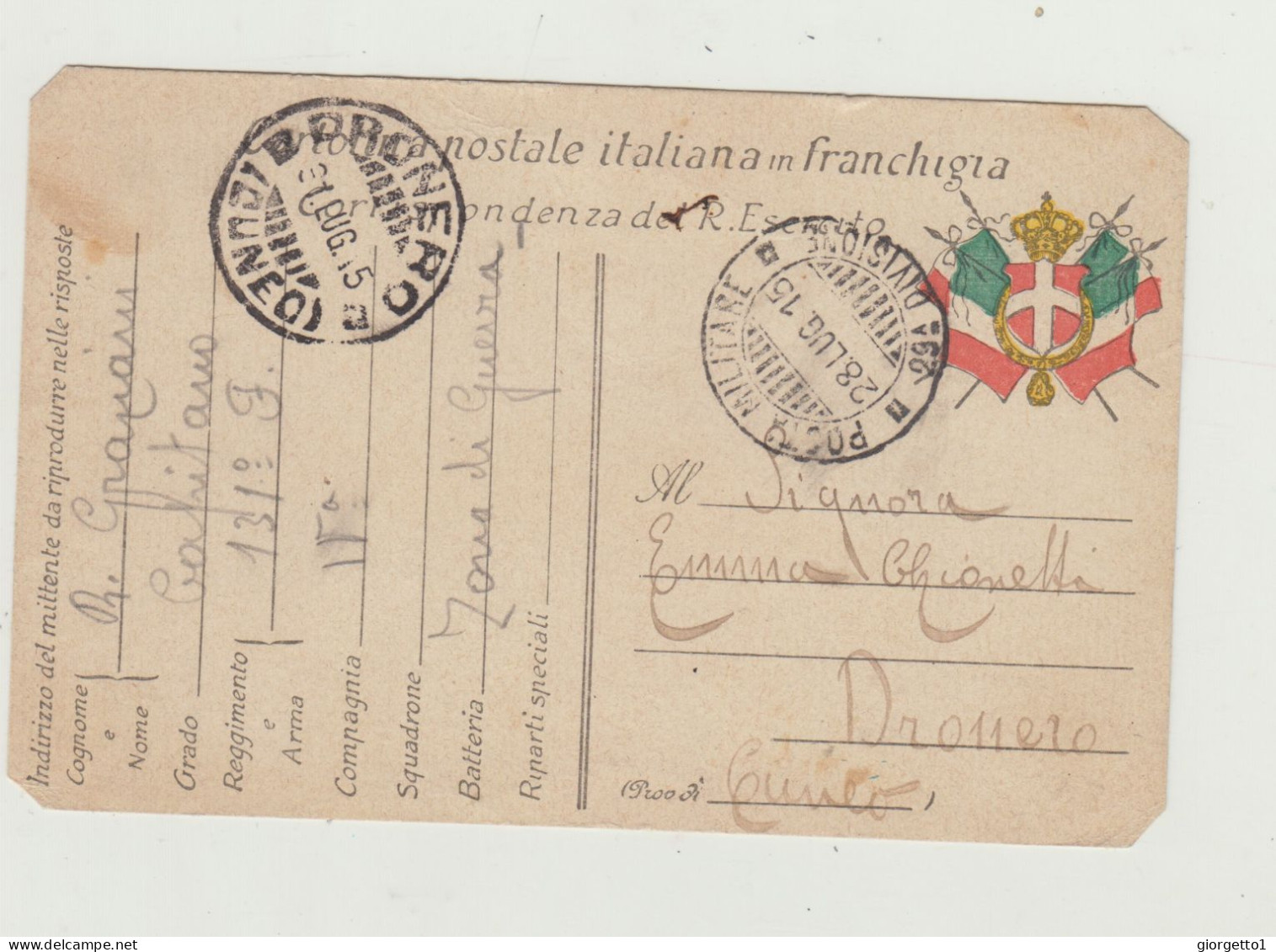 FRANCHIGIA POSTA MILITARE 29 DIVISIONE DEL 1915 VERSO CUNEO WW1 - Franquicia