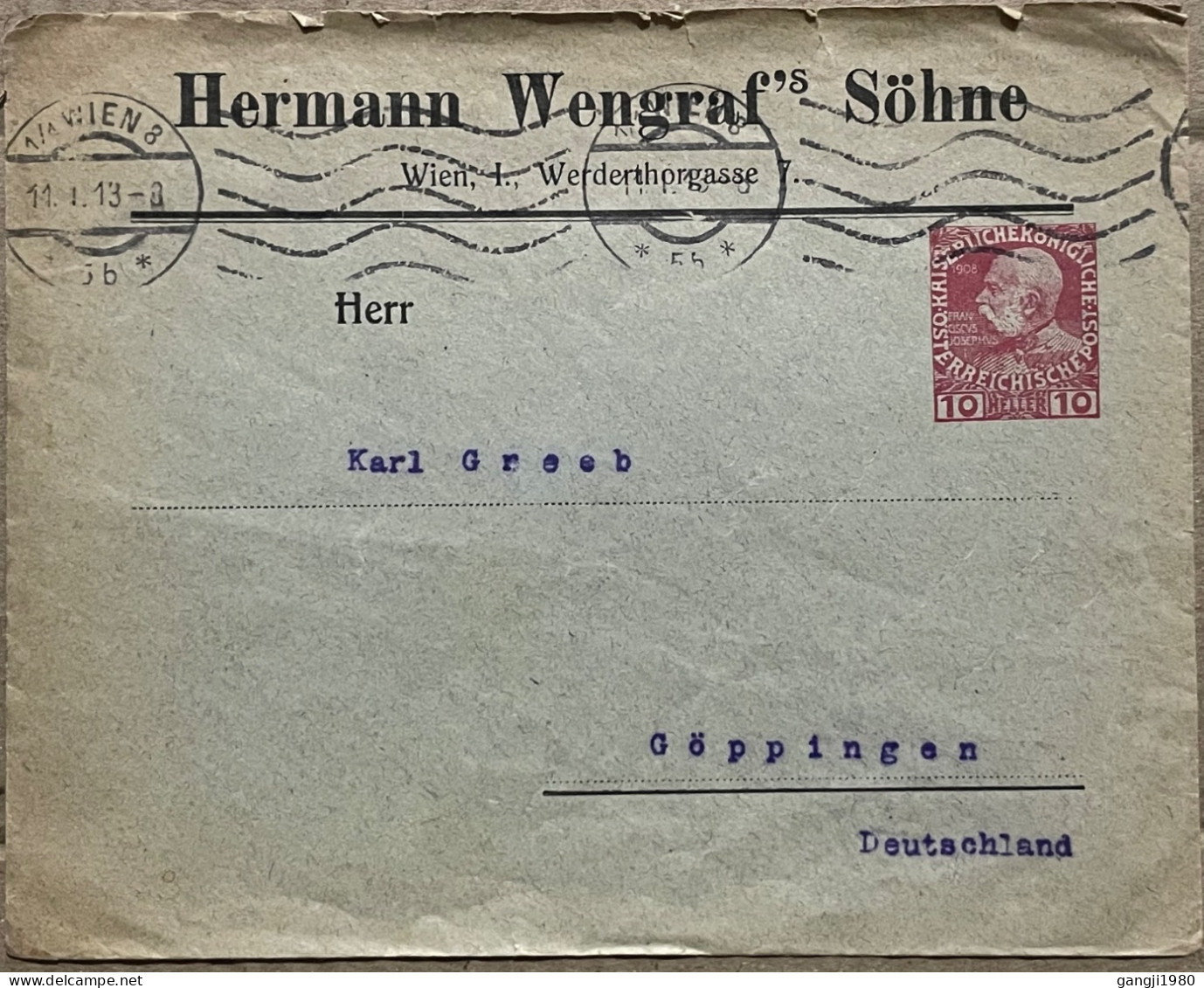 AUSTRIA 1913, PRIVATE PRINTED STATIONERY, COVER USED TO GERMANY, ADVERTISING HERMANIN WENGRAF'S SOHNE,   VIENNA CITY CAN - Covers & Documents
