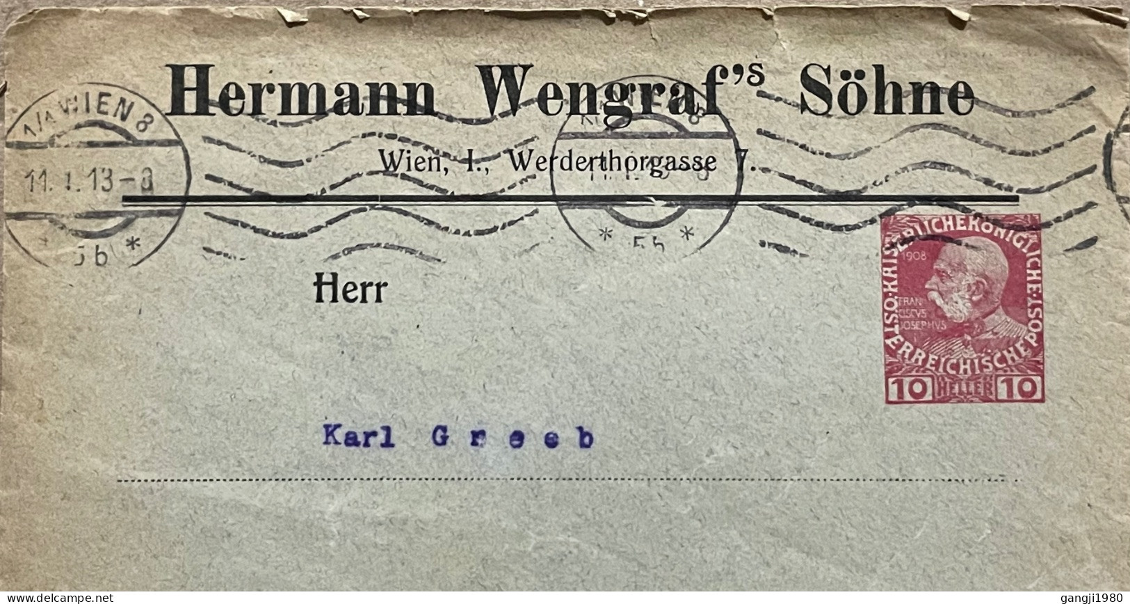 AUSTRIA 1913, PRIVATE PRINTED STATIONERY, COVER USED TO GERMANY, ADVERTISING HERMANIN WENGRAF'S SOHNE,   VIENNA CITY CAN - Covers & Documents