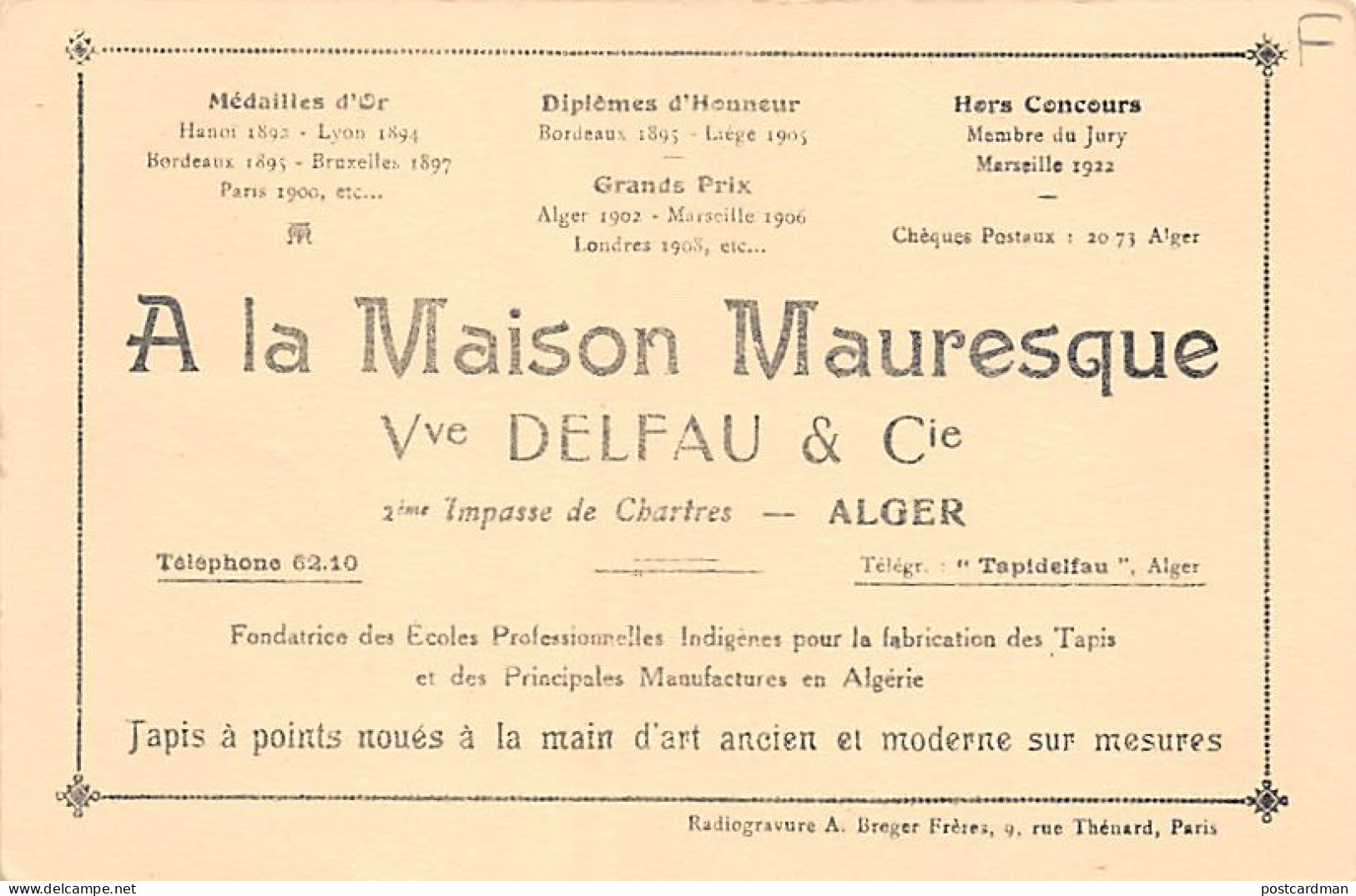 ALGER - Carte Publicitaire A LA MAISON MAURESQUE Fabrique De Tapis - Algiers