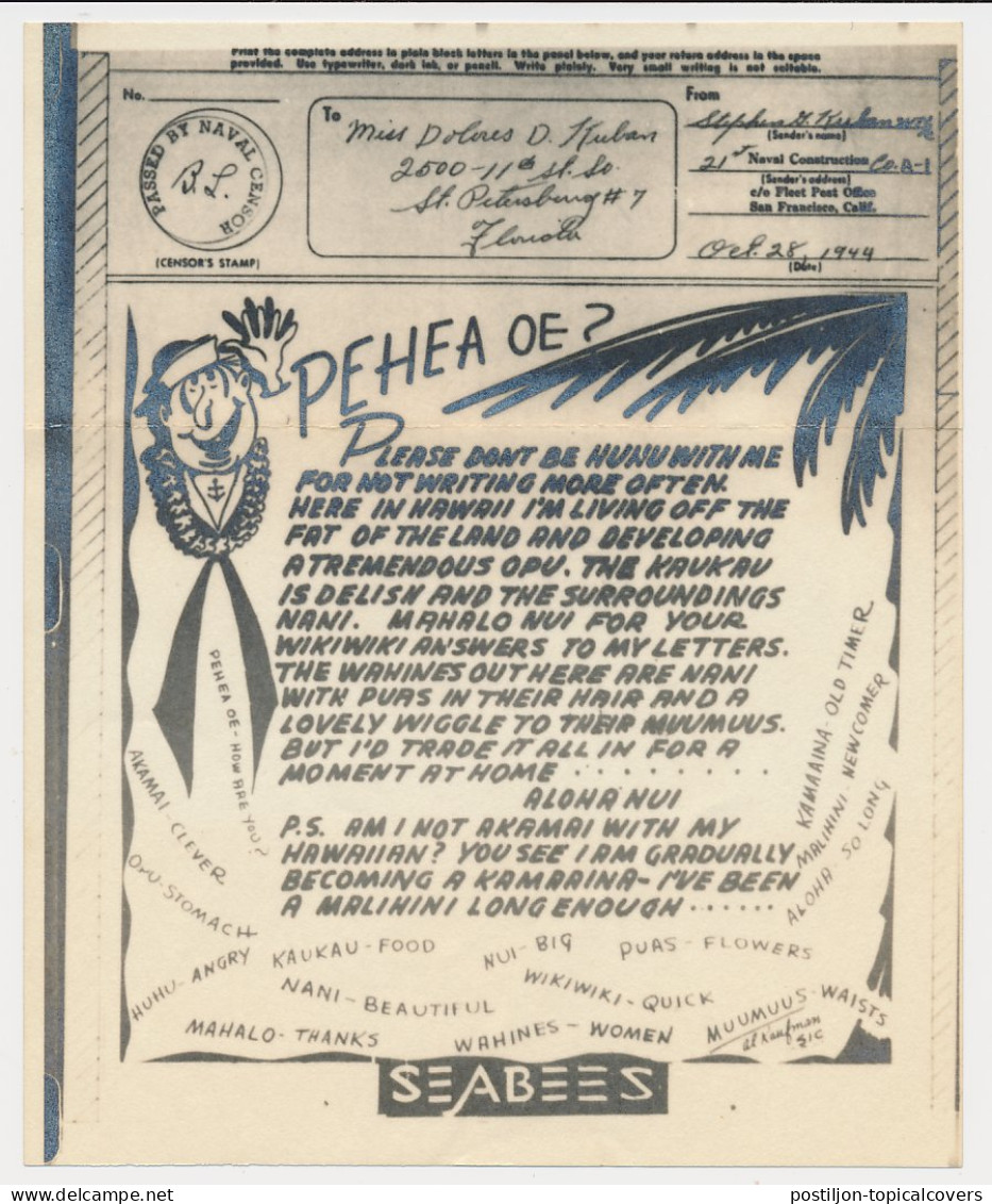 V-Mail To USA 1944 ( With Envelope ) Seabees - Palm Tree - Hawaii - Aloha - Anchor - Arbres