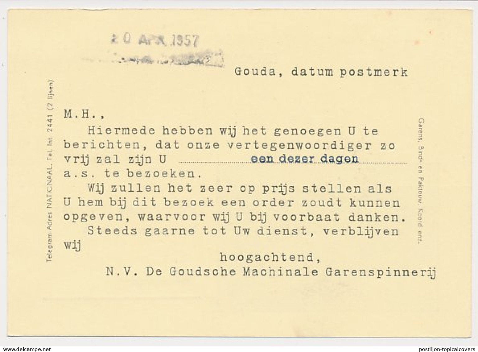 Firma Briefkaart Gouda 1957 - Goudsche Machinale Garenspinnerij - Non Classificati