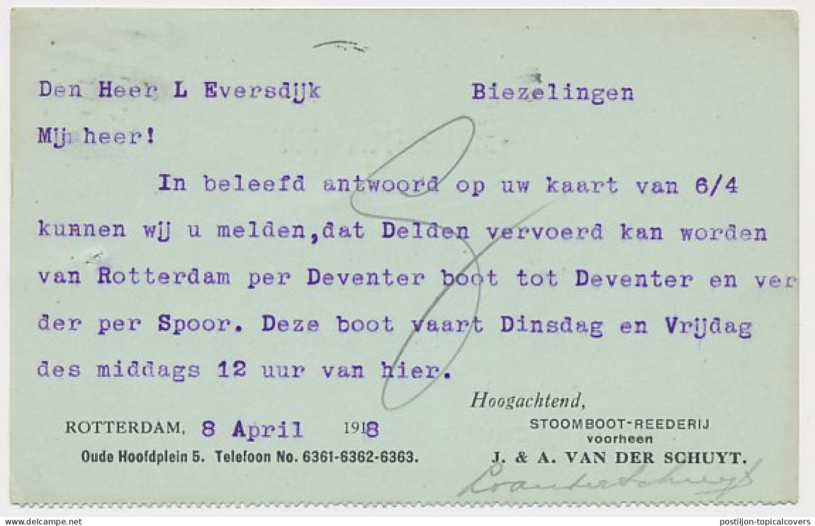 Firma Briefkaart Rotterdam 1918 - Stoomboot Reederij - Non Classificati