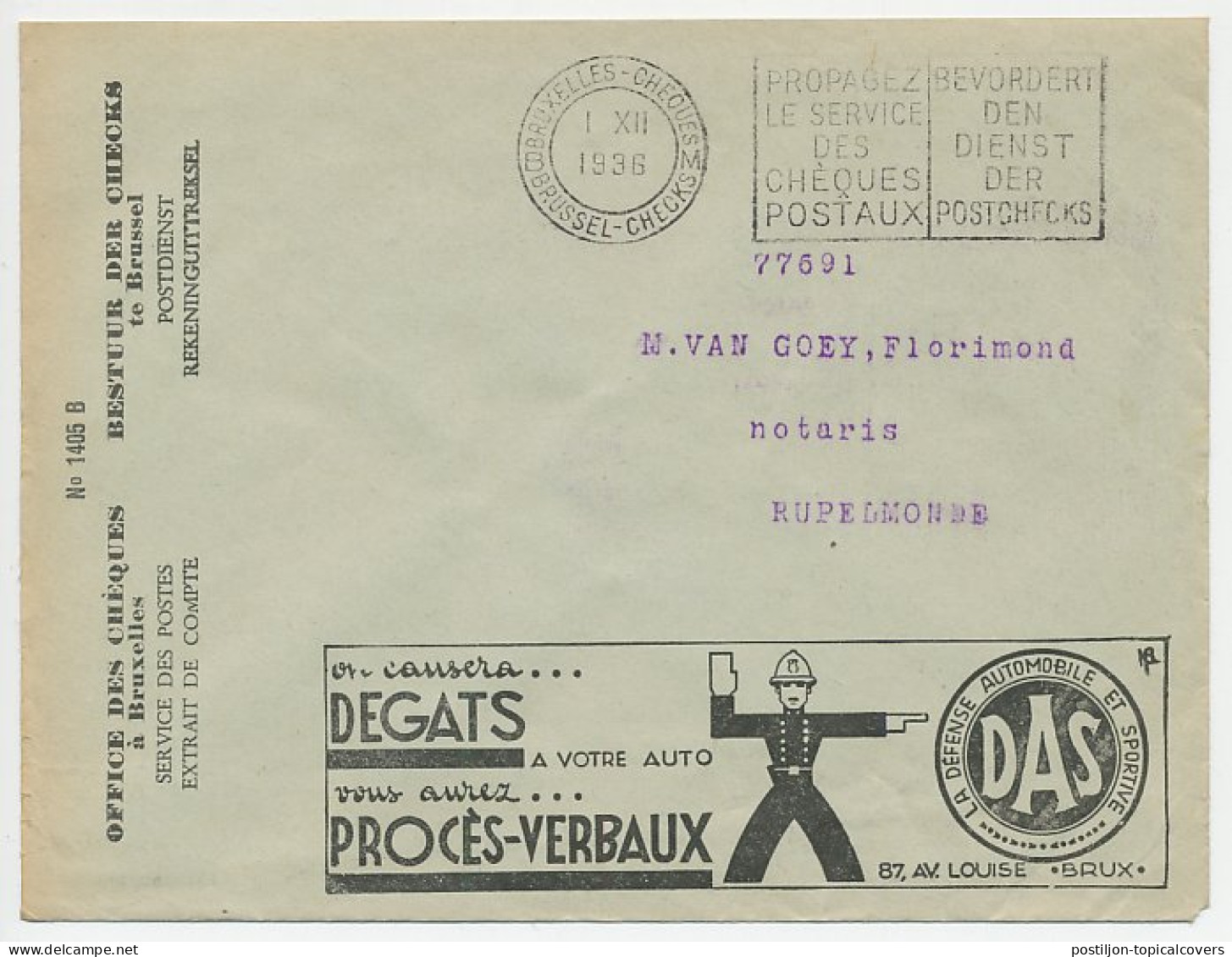 Postal Cheque Cover Belgium 1936 Calculating Machine - Police - Traffic Controller - Zonder Classificatie
