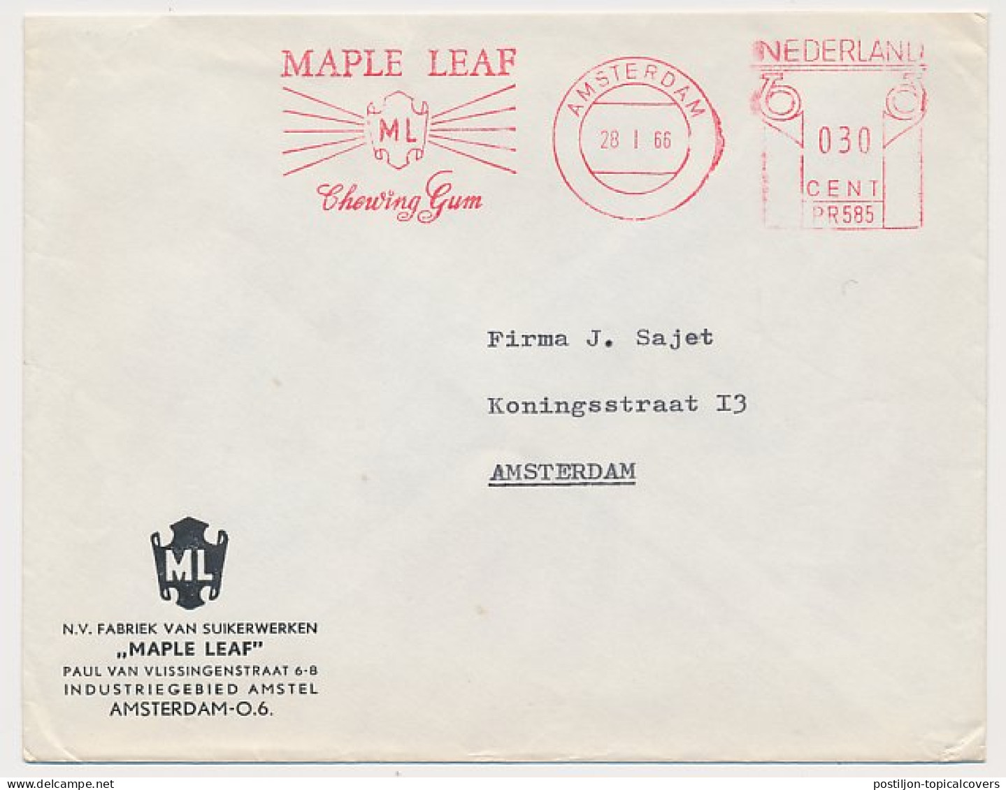 Meter Cover Netherlands 1966 Candy - Chewing Gum - Maple Leaf  - Levensmiddelen