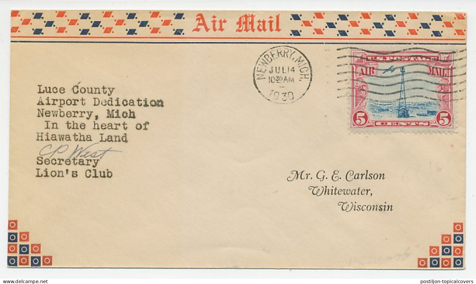 Cover / Postmark USA 1930 Lions Club - Luce County - Airport Dedication Newberry - Rotary Club