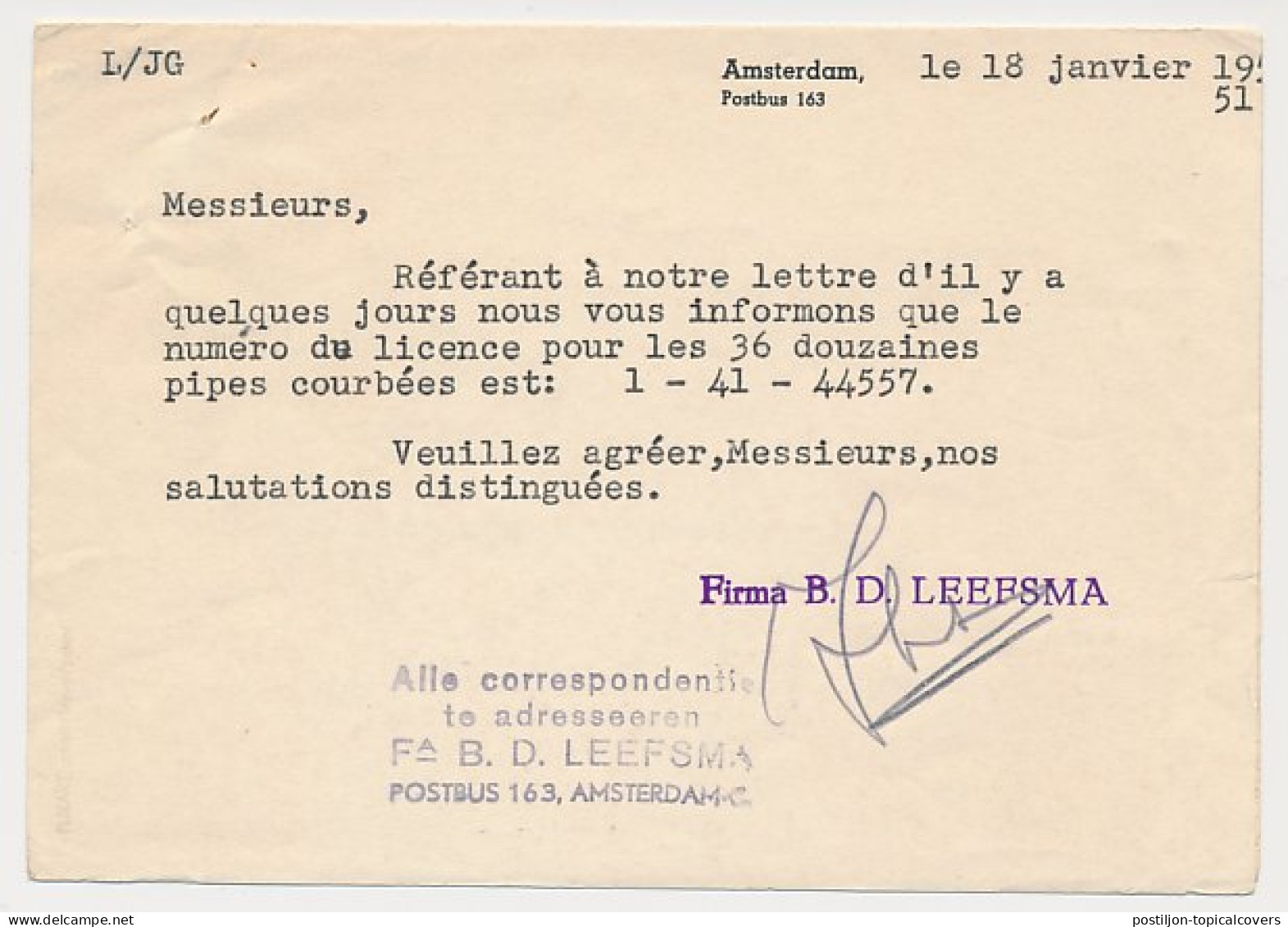 Firma Briefkaart Amsterdam 1951 - Rookartikelen - Pijp - Non Classificati