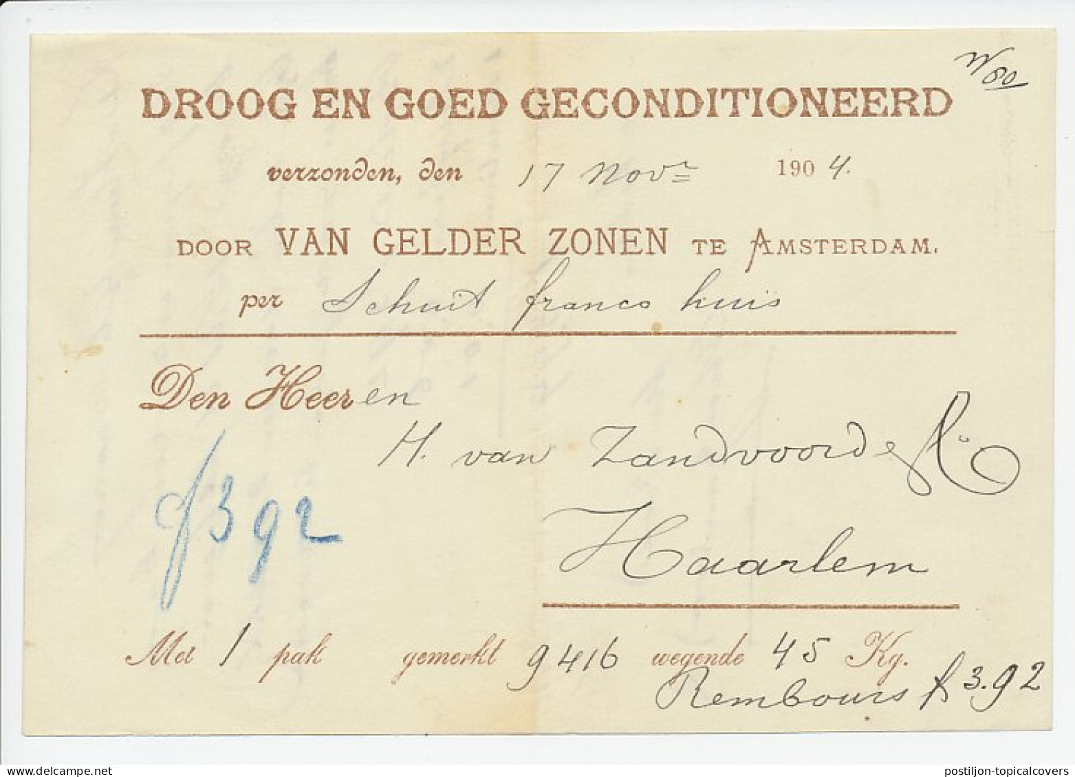 Scheepsvrachtbrief Amsterdam - Haarlem 1904 - Non Classificati