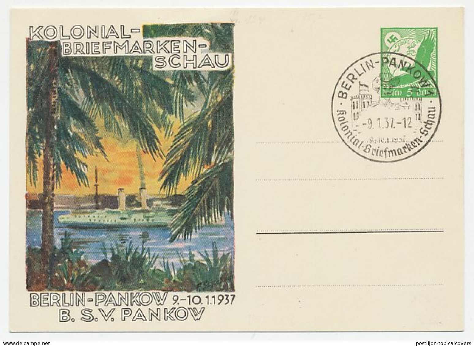 Postal Stationery Germany 1937 Palm Tree - Steam Boat - Colonial Stamp Exhibition Berlin  - Arbres