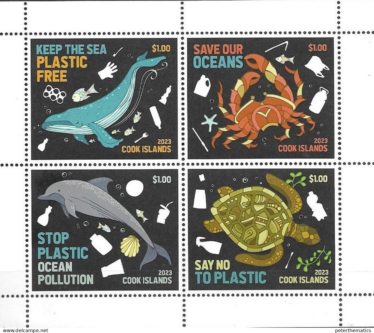 COOK ISLANDS, 2023, MNH, STOP PLASTIC POLLUTION, WHALES, DOLPHINS, TURTLES, CRABS,  SHEETLET OF 4v - Tortues