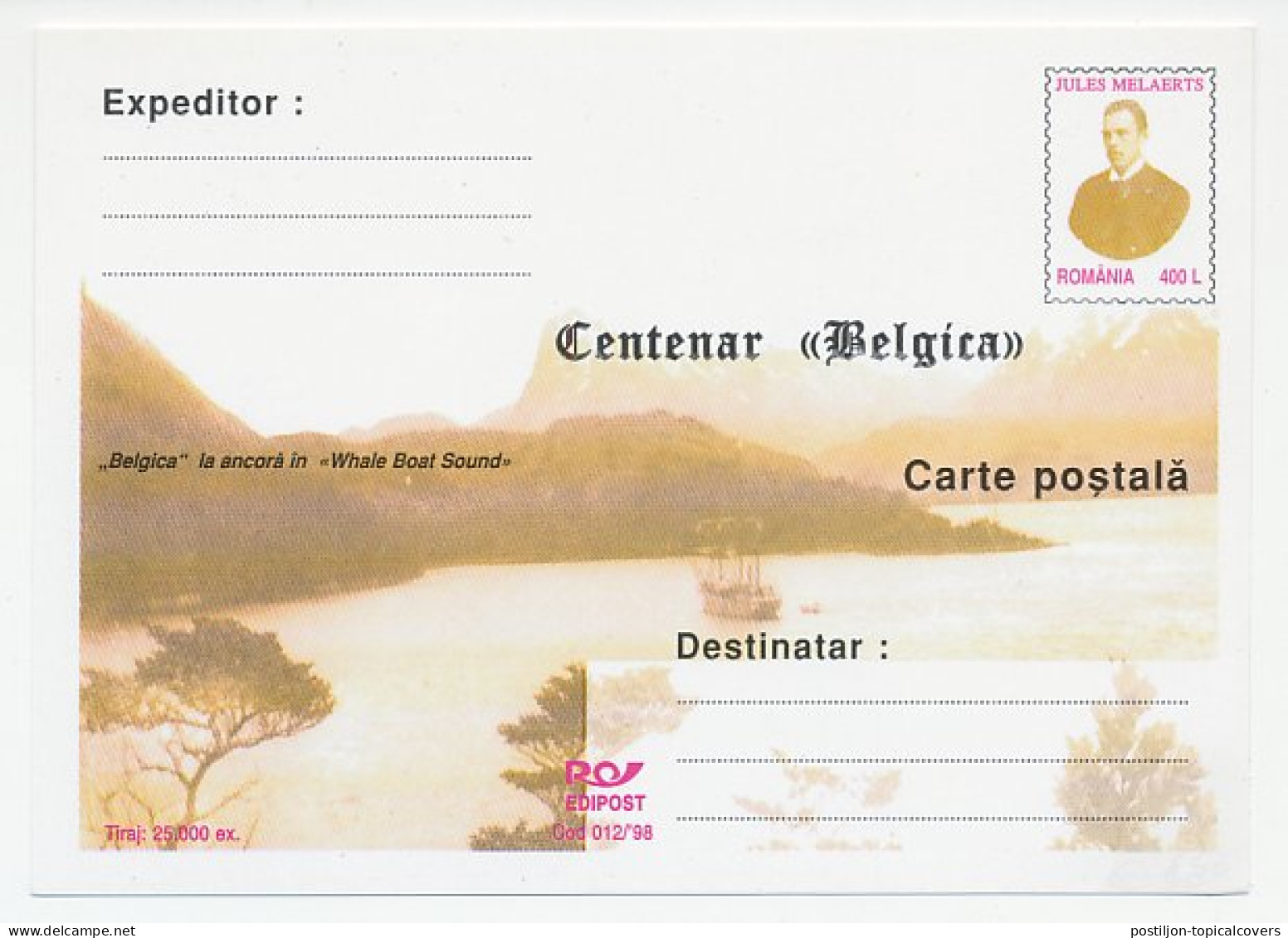 Postal Stationery Romania 1998 Jules Melaerts - Belgica - Whale Boat Sound  - Spedizioni Artiche