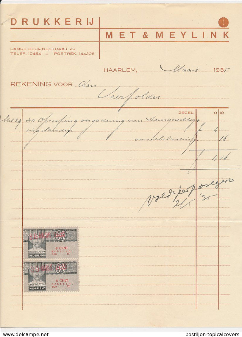 Omzetbelasting 8 CENT - Haarlem 1935 - Revenue Stamps
