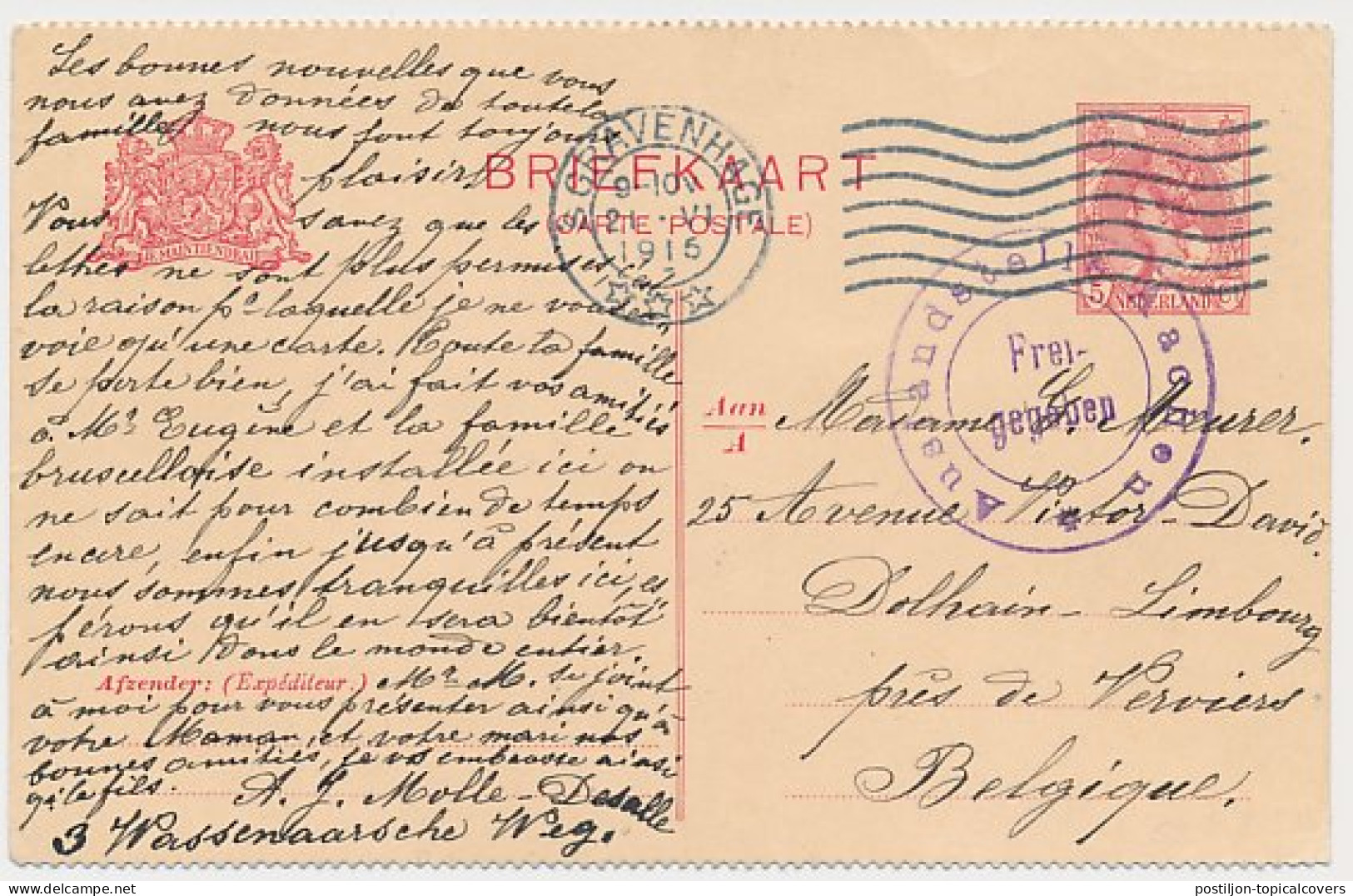 Briefkaart G. 84 B I S Gravenhage - Dolhain Belgie 1915 - Postal Stationery