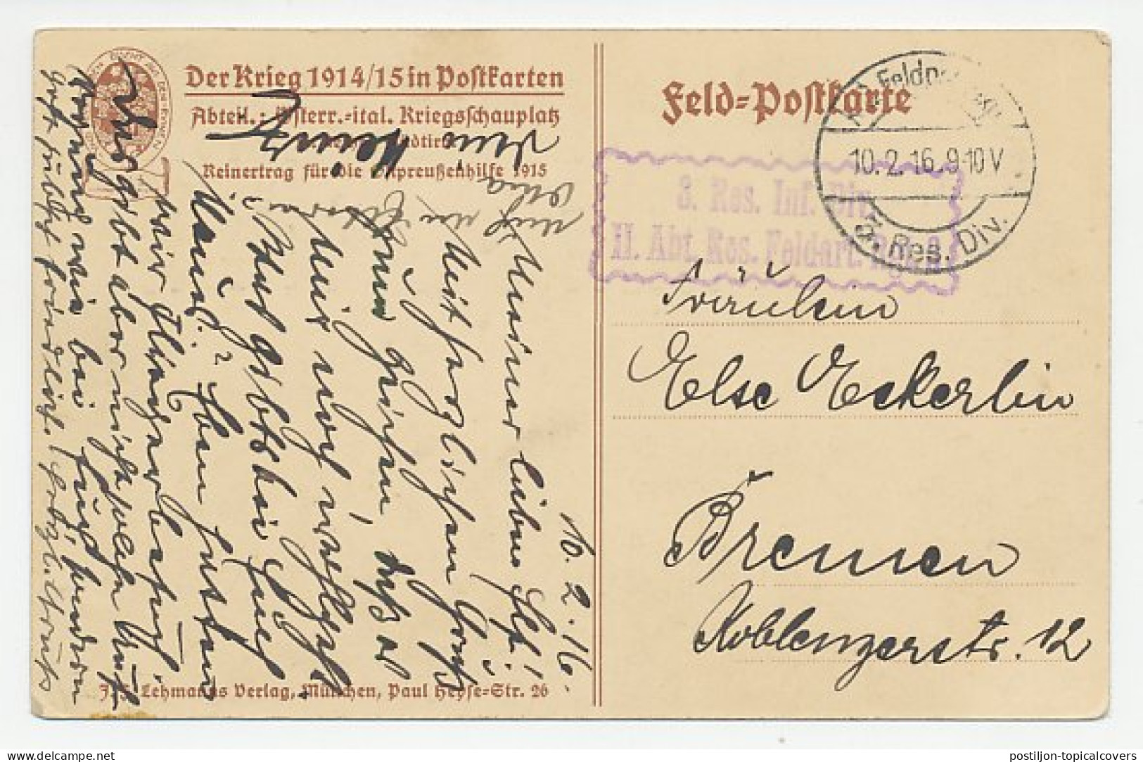 Fieldpost Card Germany 1916 Castle Persen - WWI - Castelli