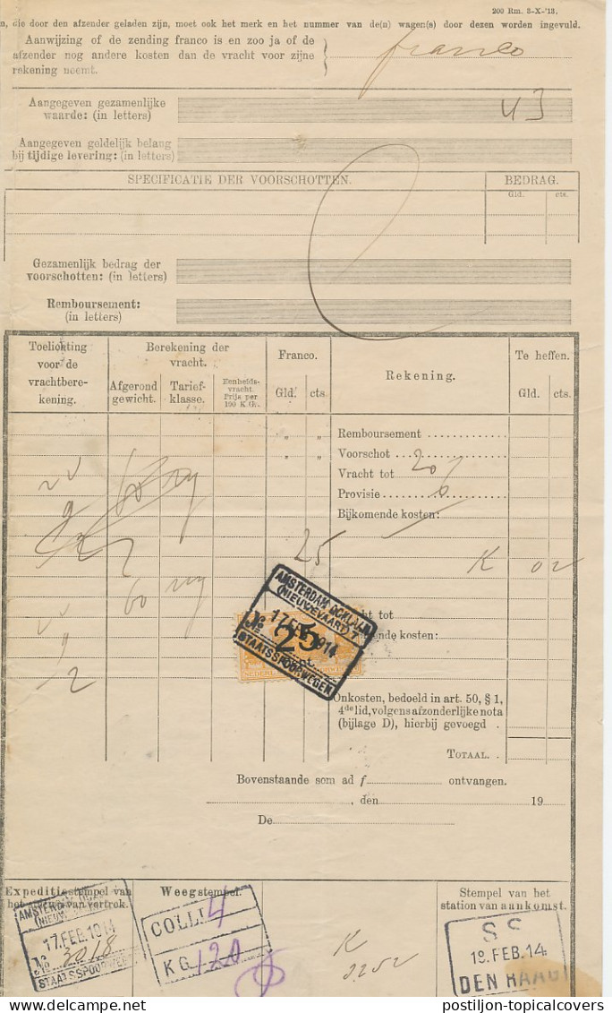 Vrachtbrief NS Amsterdam - Den Haag 1914 - Sin Clasificación