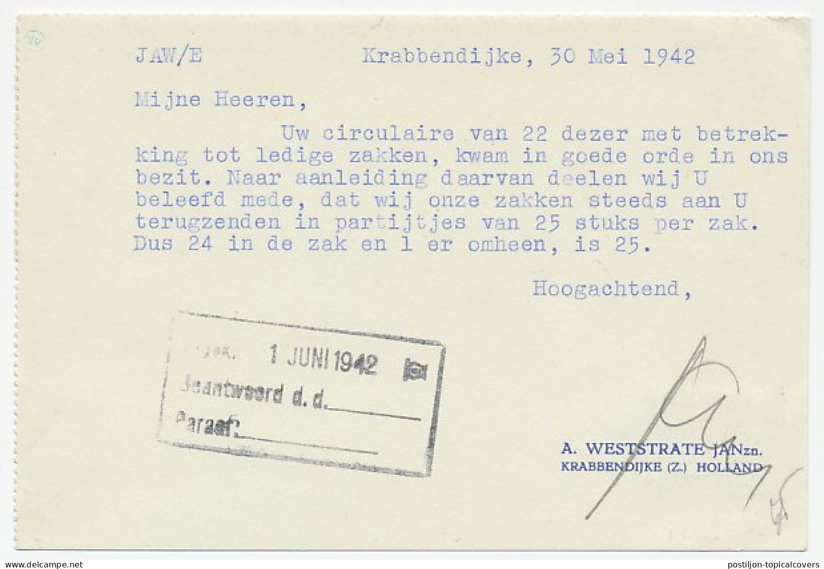 Firma Briefkaart Krabbendijke 1942 - Kat - Non Classificati