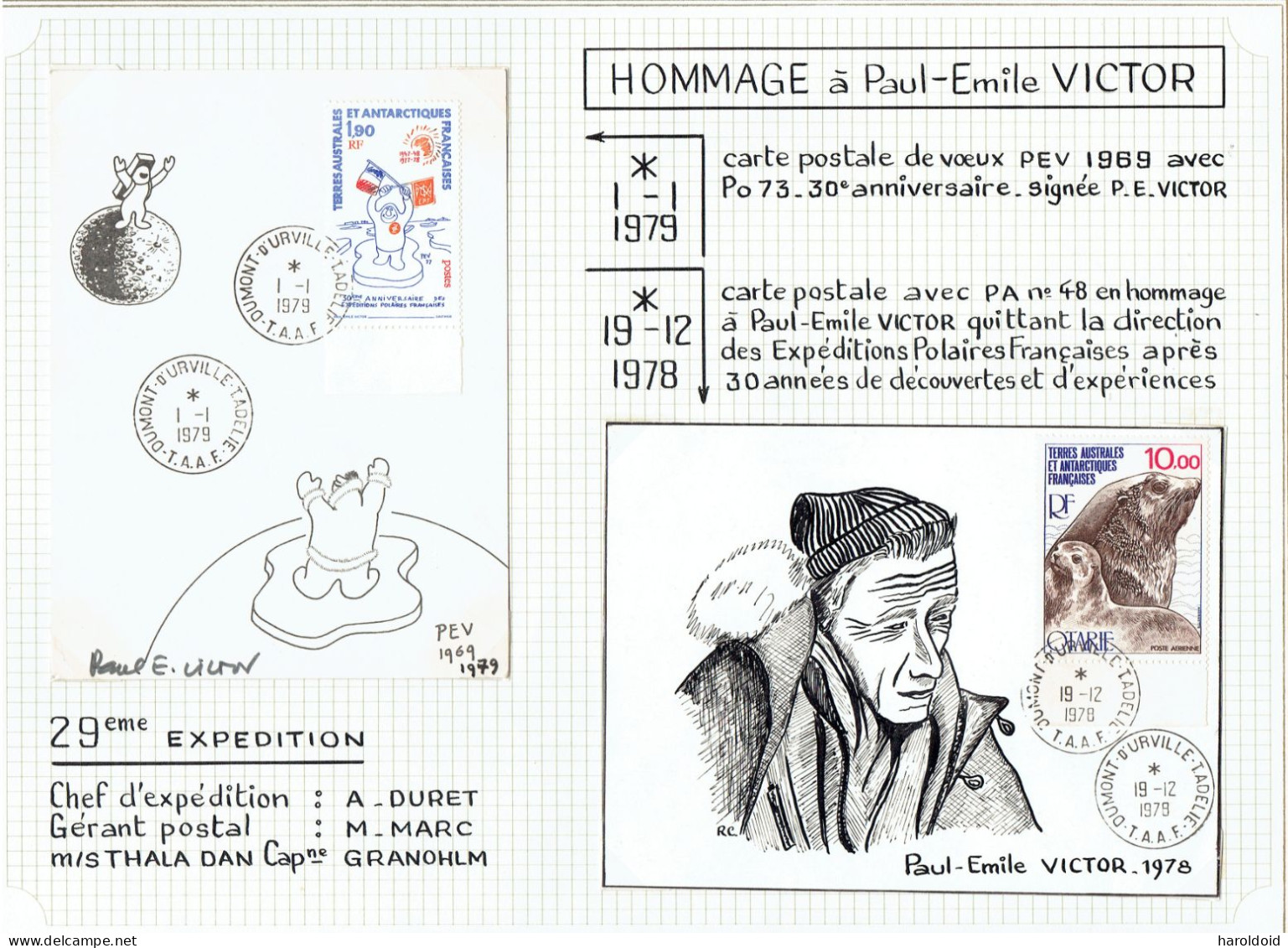 29e Expedition - CP PEV Signée Paul Emile Victor Voyagée 1/1/79 - CP Illustrée Visage De PEV Voyagée En Recommandée - Covers & Documents