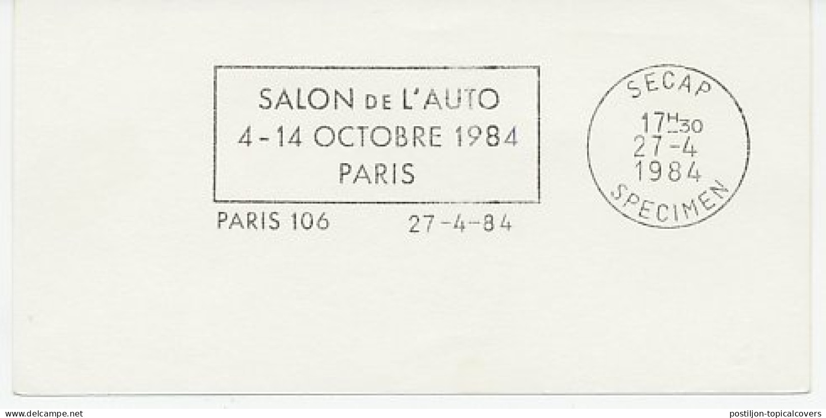 Specimen Postmark Card France 1984 Car Show Paris 1984 - Automobili